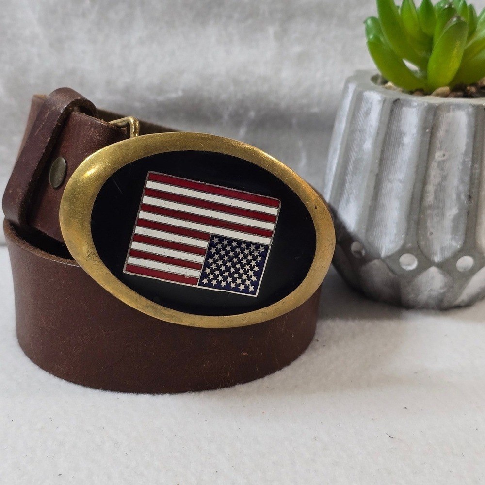 Fossil USA Flag Belt Buckle Genuine Leather Brown Full Grain Cowhide Mens 36/ 38